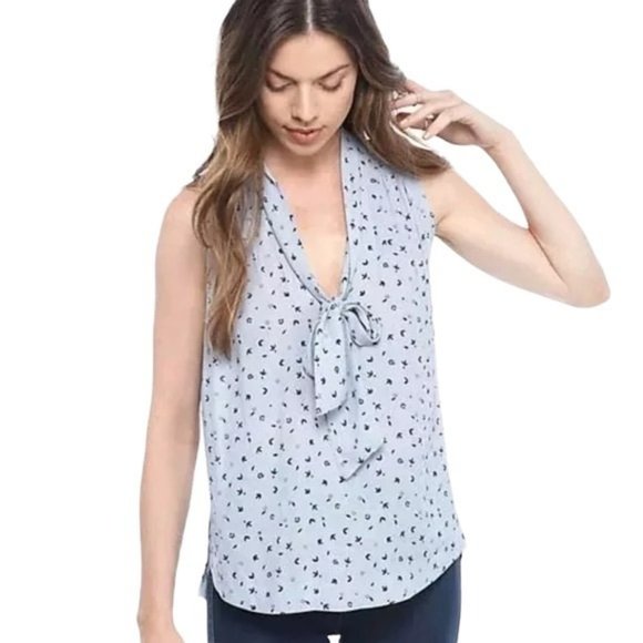 Free People Blue Floral Chiffon Front Tie Sleeveless Blouse Top Size Large - Picture 1 of 6